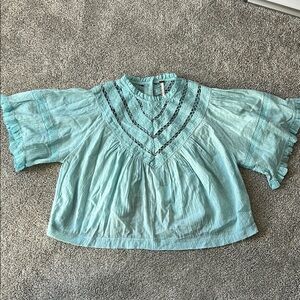 Free People Light Blue Jayde Lace Trim Blouse - XS